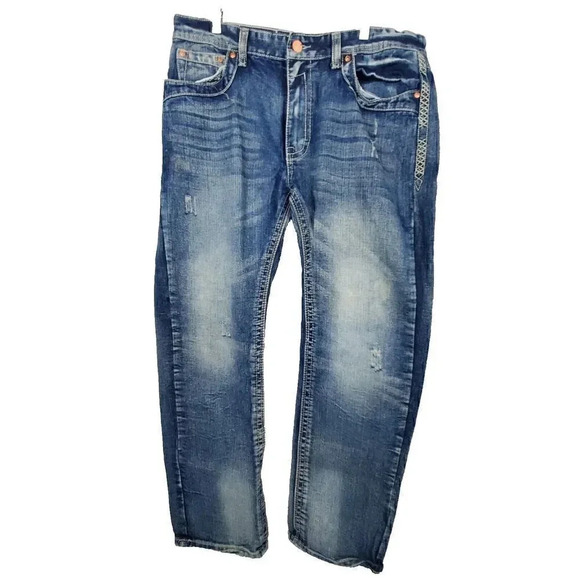Men's GS115 Jeans Blue Thick Stitching Pockets Faded Distressed SZ 40x31 Faded - Picture 1 of 14